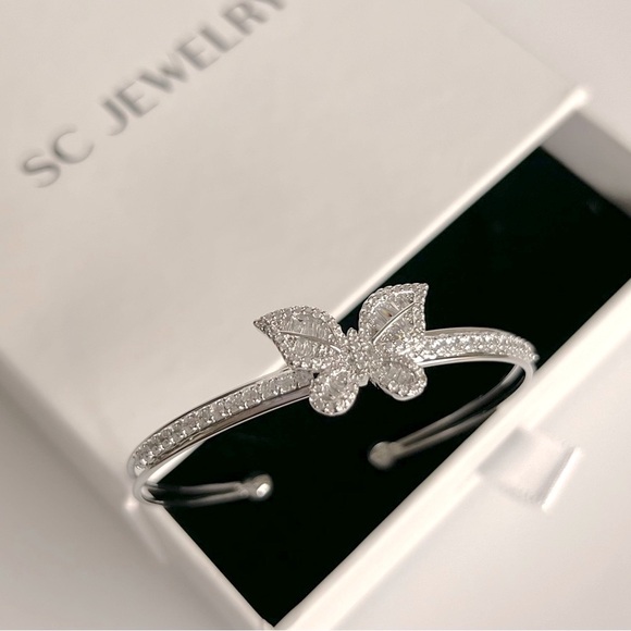 Butterfly Bangle Bracelet Platinum Plated Baguette Stone - Picture 2 of 12